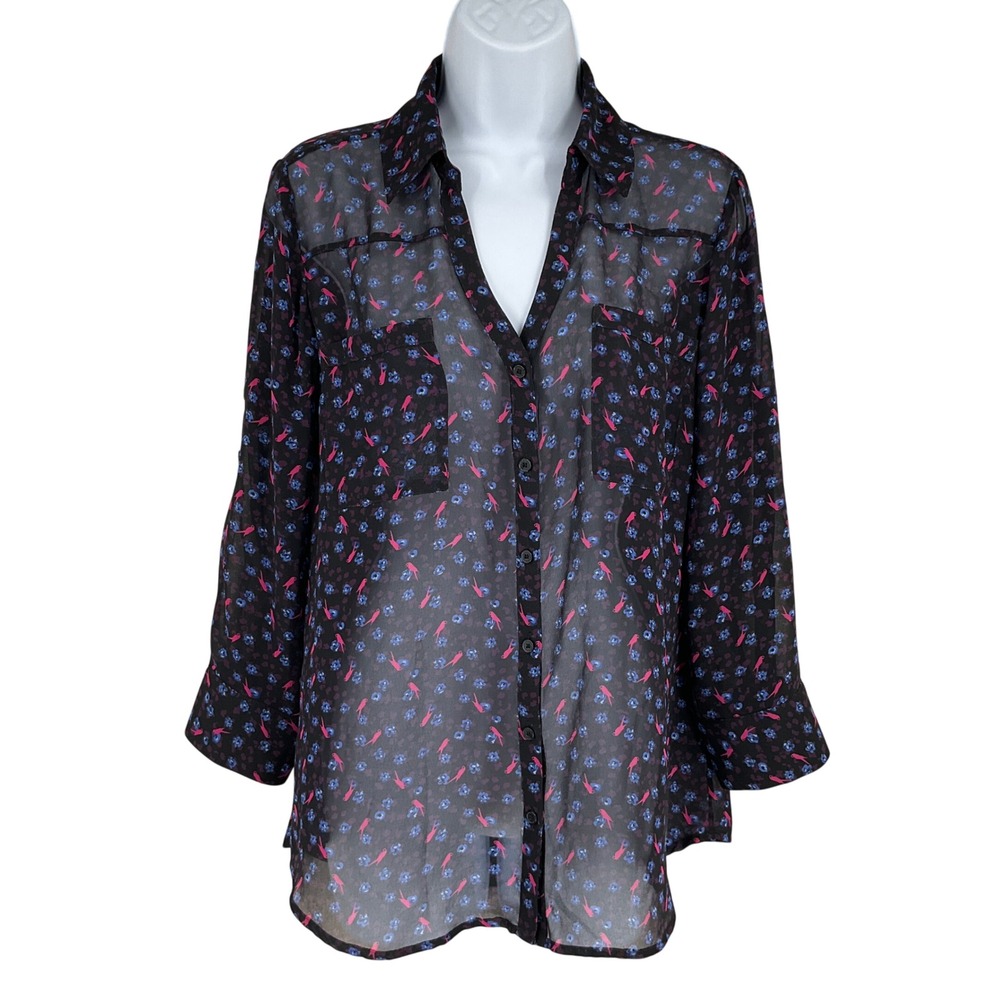 Express Portofino Shirt Women M Black Pink Bird Floral Sheer‎ Blouse